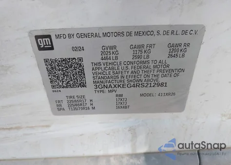 2024 Chevrolet Equinox Fwd Lt z USA, uszkodzony, nr VIN 3GNAXKEG4RS212981